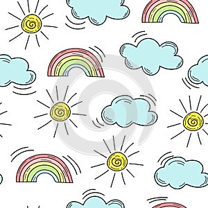 Cute seamless pattern with a rainbow, clouds and sun on white