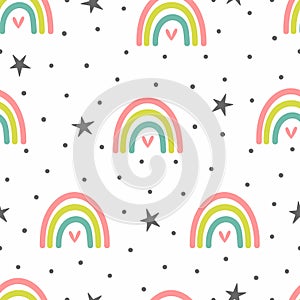 Cute seamless pattern with rainbows, hearts, stars and dots.