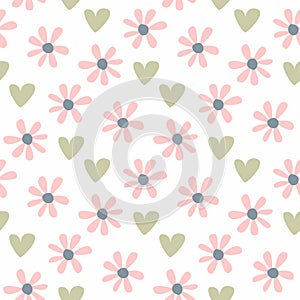 Cute seamless pattern with repeating flowers and hearts. Pastel floral print.