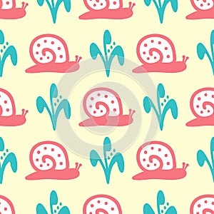 Cute seamless pattern with repeating snails and flowers. Drawn by hand, sketch, doodle.