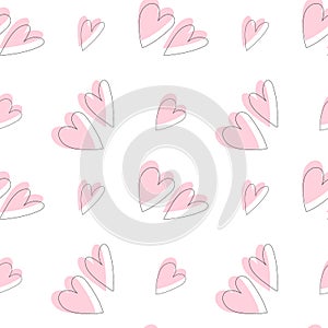 Cute seamless pattern, romantic print with hearts. Love texture, for valentine\'s day with pik hearts and black lines