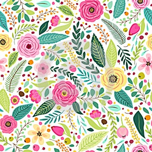 Cute seamless pattern with rustic hand drawn first spring flowers photo