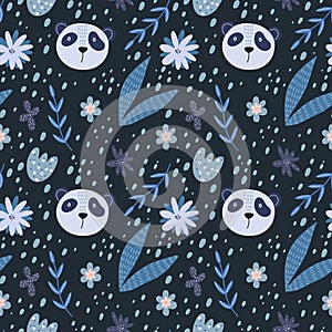 Cute seamless pattern in scandinavian style with panda faces, blue flowers an leaves on the dark background. Design
