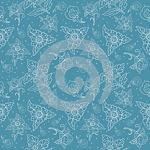 Cute seamless pattern with scattered white flowers on blue background. simple girly print. Painting illustration