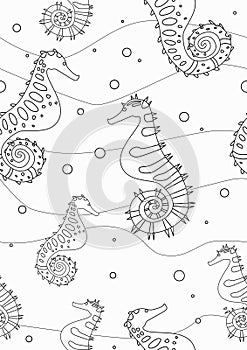 Cute seamless pattern with sea horses on a white background as a coloring page in A4 format, outlayn Stock vector illustration of