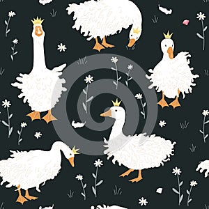 Cute seamless pattern with Sebastopol goose in crowns, diamonds, and chamomile flowers. Royal Geese fantasy background