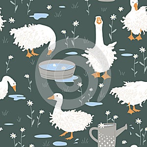 Cute seamless pattern with Sebastopol goose, doodle flowers, and paddles after the rain. Geese in the grass. Vector