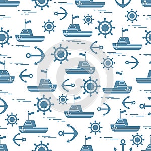Cute seamless pattern with ships, steering wheels, anchors, flag