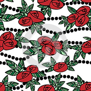 Cute seamless pattern of simple roses with leaves in doodle style on white background