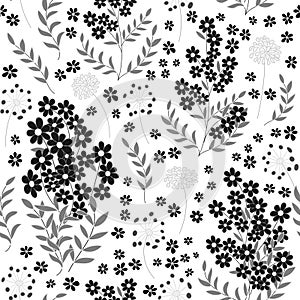 Cute seamless pattern in small flower. Black and white background. Ditsy floral style. One color fashion print. Vector