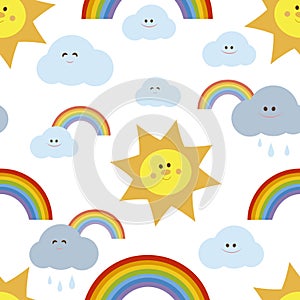 Cute seamless pattern with smiling sun, clouds and rainbow on a white background.