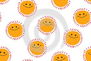 Cute seamless pattern with smiling sun. Kids background