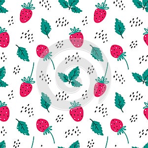 Cute seamless pattern with strawberry and leaves on white background