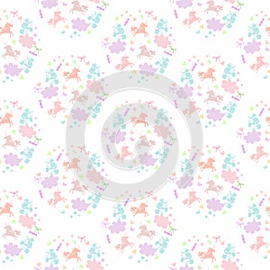 Cute seamless pattern with unicorns, flowers, clouds, stars, hearts and sweets.