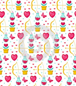 Cute seamless pattern Valentines Day with flowers, bow cupid, love potion, romance endless background, texture