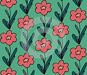 Cute seamless pattern vector background with hand drawn red flower doodle with leaves in simple style on green. Sweet backdrop,