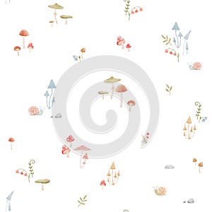 Cute seamless pattern with watercolor hand drawn abstract forest mushrooms flowers and snails. Kids wallpapers. Nice