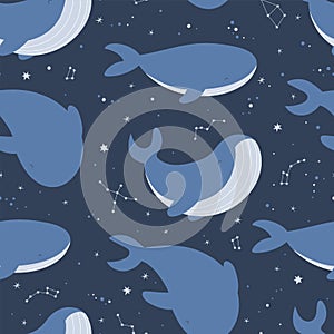 Cute seamless pattern with whales and constellations.
