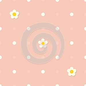 Cute seamless pink flat background with polka dot pattern and white flowers.