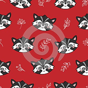 Cute seamless red pattern with doodle animals - racoons.