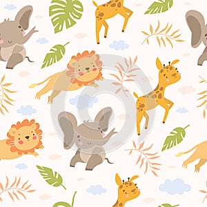 Cute seamless safari pattern with elephant, giraffe and lion, exotic and tropical leaves for kids