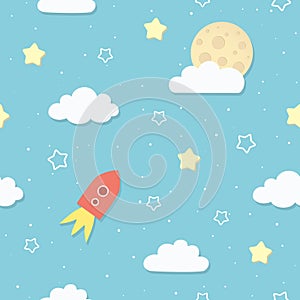 Cute seamless sky pattern with full moon, clouds, stars, and rocket. Cartoon space rocket flying to the Moon.