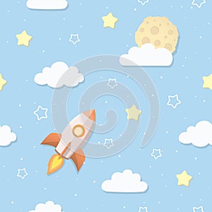 Cute seamless sky pattern with full moon, clouds, stars, and rocket. Cartoon space rocket flying to the Moon.