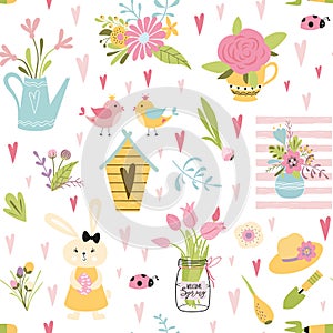 Cute seamless spring floral bouquet pattern Birds family rabbit Light baby design vector