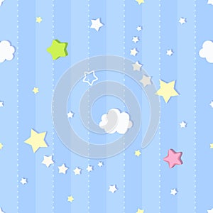 Cute seamless striped and dotted pattern background with clouds and colorful falling stars. Children`s bedroom, baby nursery