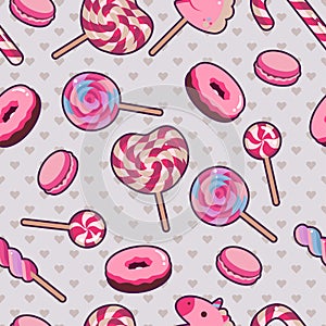Cute seamless texture. Pink candies with hearts on background. Flat vector illustration.