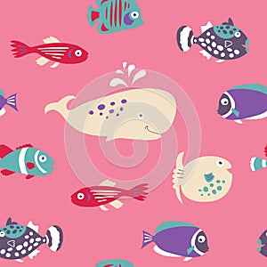 Cute seamless texture with tropical fish on a pink background