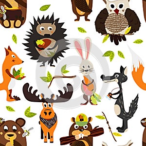 Cute seamless texture wild forest animal design on a white background. Cartoon style. Vector