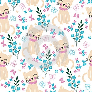 Cute seamless vector background with funny cats and flowers in cartoon style