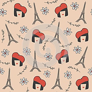 Cute seamless vector pattern background illustration with eiffel tower, daisy flowers, branch and stylized female character