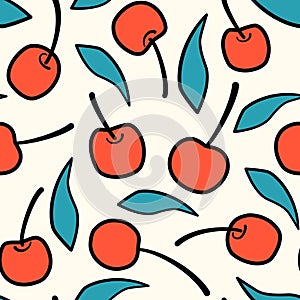 Cute seamless vector pattern background illustration with red cherries and blue leaves