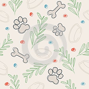 Cute seamless vector pattern with bones, paws and abstract elements, bowl on beige background