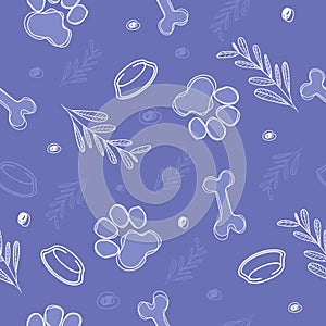 Cute seamless vector pattern with bones, paws, bowl