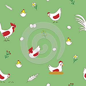 Cute seamless vector pattern with chickens and rooster for kids textile