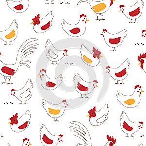 Cute seamless vector pattern with chickens and rooster for kids textile