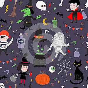 Cute, seamless vector pattern for kids. Halloween holiday.