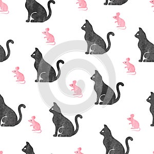 Cute seamless vector pattern with watercolor black cats and pink mice