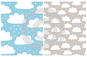 Cute Seamless Vector Pattern with White Fluffy Hand Drawn Clouds on a Light Blue and Warm Gray Background.