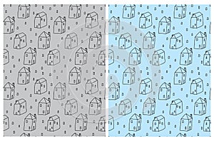 Cute Seamless Vector Patterns with Hand Drawn Houses Isolated on a Gray and Light Blue Background.