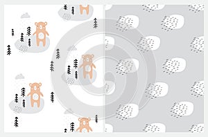 Cute Seamless Vector Patterns Set with Hand Drawn Gray Bears.