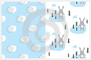 Cute Seamless Vector Patterns Set with Hand Drawn Gray Bunnies.