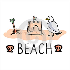 Cute seaside holiday typography cartoon vector illustration motif set. Hand drawn isolated seagull sandcaslte elements