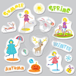 Cute Seasonal Sticker set with cartoon characters and elements