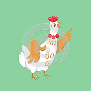 Cute serious chicken educates, reads morals to someone. Vector color illustration. Picture for design of posters, games