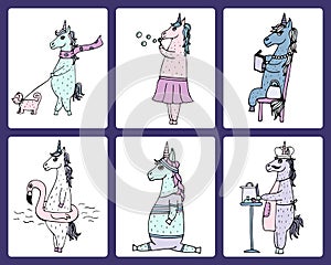 The cute set of 6 funny hand-drawn unicorns.