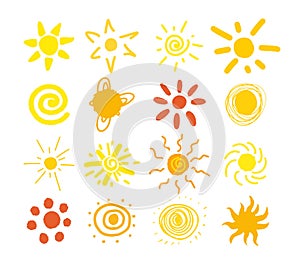 Cute set of abstract sun icon in different variation. Hand draw illustration with use of circle line and curl. Yellow